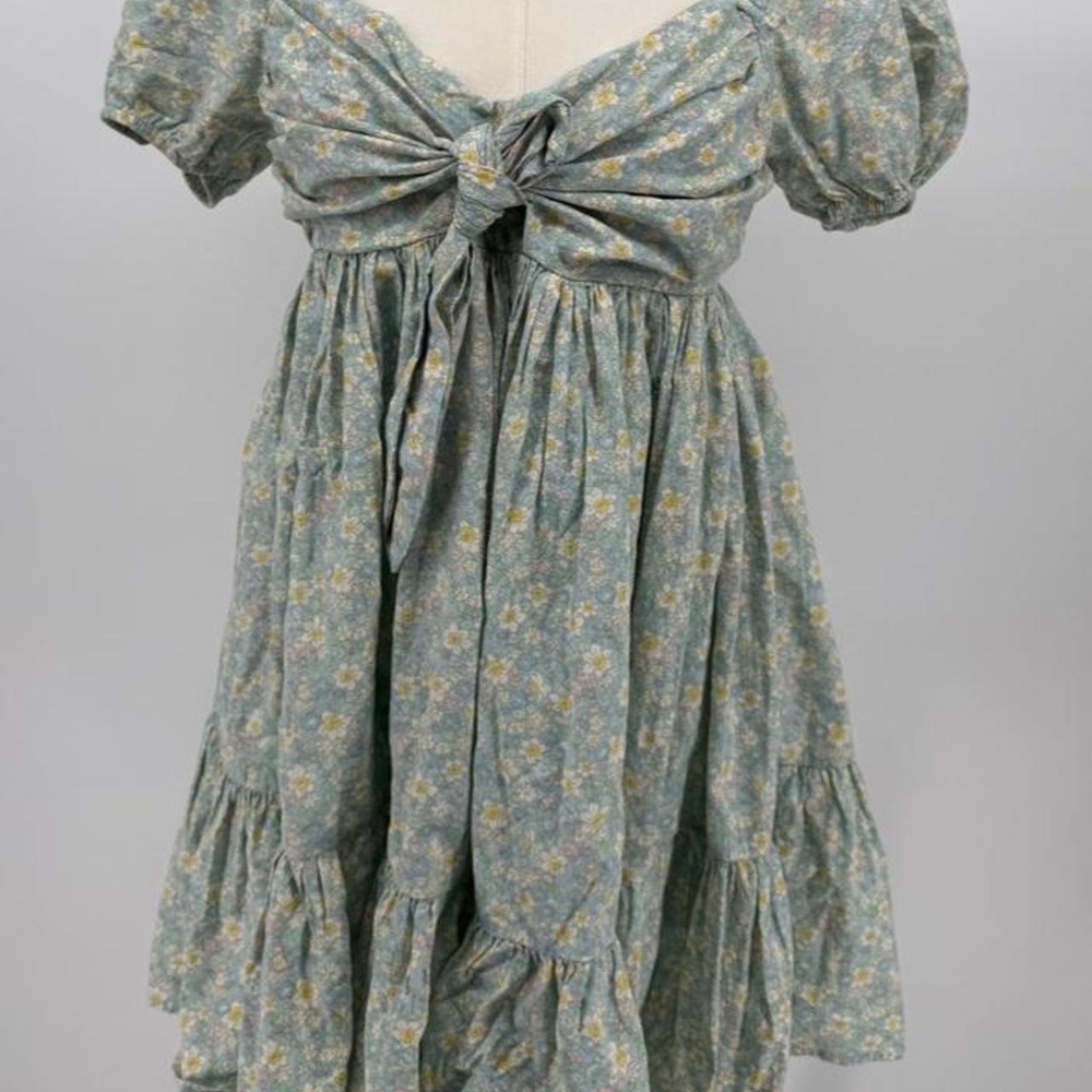 Mable Blue Floral Summer Dress Yellow Flowers Puff Sleeve Smocked Tiered L